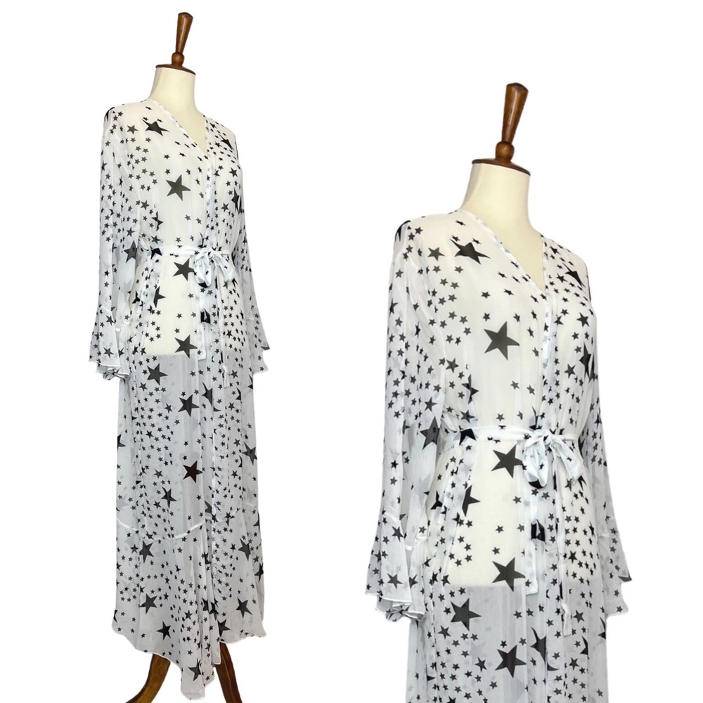 Boho White Chiffon with Black Stars Kimono Duster Beach Coverup - Picture 12 of 16
